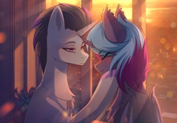 Size: 2480x1724 | Tagged: safe, artist:glumarkoj, oc, oc only, alicorn, bat pony, bat pony alicorn, unicorn, bat wings, blushing, bullet, chest fluff, ear fluff, eyes closed, flower, gay, hoof under chin, horn, jewelry, looking at each other, looking at someone, male, necklace, shaking, stallion, stallion oc, stallion on stallion, sunlight, wings