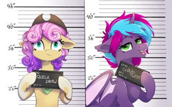 Size: 2154x1339 | Tagged: safe, artist:lambydwight, oc, oc only, oc:cloud twist, oc:quickdraw, alicorn, bat pony, bat pony alicorn, earth pony, barbie mugshot meme, bat wings, bracelet, earth pony oc, fangs, female, femboy, hat, horn, jail, jewelry, male, mare, mare oc, meme, mugshot, relaxed, stallion, stallion oc, stressed, wings