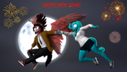 Size: 3840x2160 | Tagged: safe, artist:sorencreatesthings, oc, oc:ben (sorencreatesthings), oc:n.a.v.i (sorencreatesthings), pegasus, unicorn, anthro, g4, 3d, clothes, flying, happy new year, holiday, horn