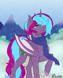 Size: 1421x1764 | Tagged: artist needed, safe, oc, oc only, oc:cloud twist, alicorn, bat pony, bat pony alicorn, unicorn, bat wings, clothes, cute, folded wings, grass, horn, looking away, male, mountain, path, scarf, smiling, snow, snowfall, solo, stallion, wings