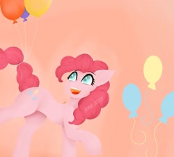 Size: 1024x926 | Tagged: safe, pinkie pie, earth pony, pony, g4, balloon, happy, looking up, open mouth, open smile, smiling, solo