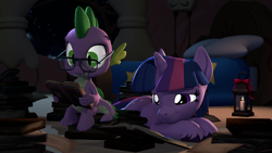 Size: 3840x2160 | Tagged: safe, artist:owlpirate, spike, twilight sparkle, dragon, pony, unicorn, g4, 3d, 4k, bookhorse, cute, duo, duo male and female, female, glasses, golden oaks library, high res, lying down, male, mare, night, prone, reading, source filmmaker, twiabetes, unicorn twilight, unshorn fetlocks