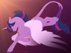 Size: 1600x1184 | Tagged: safe, artist:acry-artwork, twilight sparkle, alicorn, pony, g4, colored hooves, colored wings, eyes closed, female, fetlock tuft, flying, gradient background, hooves, horn, leonine tail, mare, solo, spread wings, sunrays, tail, twilight sparkle (alicorn), wings