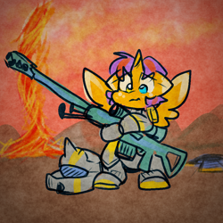 Size: 900x900 | Tagged: safe, artist:zutcha, oc, oc only, oc:zutcha, alicorn, pony, armor, bipedal, fire, floppy ears, freckles, gun, helldivers 2, helmet, heterochromia, male, rifle, sniper rifle, solo, stallion, tornado, weapon