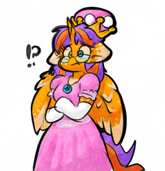 Size: 951x987 | Tagged: safe, artist:zutcha, oc, oc only, oc:zutcha, alicorn, anthro, arm hooves, clothes, colored, confused, crossdressing, crown, dress, exclamation point, floppy ears, glasses, gloves, heterochromia, interrobang, jewelry, long gloves, male, princess peach, question mark, regalia, simple background, solo, stallion, super mario, white background