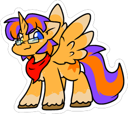 Size: 1199x1069 | Tagged: safe, artist:zutcha, oc, oc only, oc:zutcha, alicorn, pony, alicorn oc, bandana, coat markings, heterochromia, horn, male, outline, simple background, smiling, smirk, socks (coat markings), solo, spread wings, stallion, transparent background, unshorn fetlocks, white outline, wings