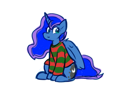 Size: 1459x1064 | Tagged: safe, artist:zutcha, princess luna, alicorn, pony, g4, clothes, female, mare, nightmare on elm street, simple background, sitting, solo, striped sweater, sweater, white background