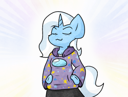 Size: 1052x801 | Tagged: safe, artist:zutcha, trixie, unicorn, anthro, g4, amogus, among us, clothes, eyes closed, hoodie, horn, meme, smiling, smug, solo