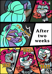 Size: 1240x1754 | Tagged: safe, artist:jully-park, oc, oc only, oc:ailee hatter, oc:ella evans, bat pony, pony, unicorn, comic:how i meet my chaotic friends, comic, horn