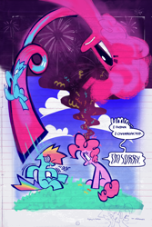 Size: 1280x1920 | Tagged: safe, artist:yl0w, part of a set, pinkie pie, rainbow dash, earth pony, pegasus, pony, comic:rainbow override, fanfic:rainbow factory, g4, abstract, apologetic, apology, bloodshot eyes, blue coat, blue sky, comic, confetti, curly mane, curly tail, dialogue, dizzy, duo, duo female, eye clipping through hair, eyelashes, fanfic art, female, floppy ears, frown, grass, looking at someone, mare, motion lines, multicolored hair, multicolored mane, open frown, open mouth, outdoors, part of a series, pink coat, pink mane, pink tail, profile, rainbow hair, rainbow tail, sitting, sky, sliding, speech bubble, spiky mane, spiky tail, tail, talking, three quarter view