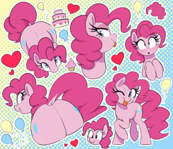 Size: 2000x1730 | Tagged: safe, artist:thebatfang, pinkie pie, earth pony, pony, g4, :o, :p, ;p, balloon, balloonbutt, blushing, butt, butt focus, cake, collage, cupcake, dock, featureless crotch, female, food, gradient background, heart, large butt, looking at you, looking back, looking back at you, mare, one eye closed, one eye open, open mouth, plot, ponerpics import, ponk, raised hoof, sfw version, smiling, smiling at you, solo, tail, tongue out