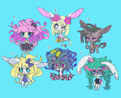 Size: 1511x1218 | Tagged: safe, artist:cutesykill, part of a set, oc, oc only, oc:maria, oc:mmu, oc:risu, oc:rusakko, oc:soabun, oc:yökyöri, big cat, demon, donkey, humanoid, hybrid, mule, pony, rabbit, tiger, unicorn, anthro, animal, axe, bag, ball jointed doll, band-aid, band-aid on nose, bandage, bandaged, bandaged leg, bangs, beanbrows, beauty mark, bell, big ears, big eyes, bio in description, black bow, black dress, blind, blonde hair, blonde mane, blue background, blue bow, blue eyelashes, blue eyes, blue hair, blue sclera, blue teeth, body scar, bodysuit, boob window, bow, braid, braided pigtails, cheek fluff, chest fluff, chibi, clothes, colored belly, colored ears, colored eyebrows, colored eyelashes, colored horn, colored paws, colored pinnae, colored pupils, colored sclera, colored teeth, crooked horn, cyan background, doll, donkey oc, dress, ear fluff, ear piercing, ear scar, earring, eye scar, eyebrows, eyelashes, facial scar, female, female oc, floppy ears, flower, flower in hair, flower pot, flowing hair, frilly dress, frown, furry, glasses, gray mane, gray tail, green hair, group, hair accessory, hair bow, hair tie, hairclip, heart earring, holding, hooped earrings, horn, jewelry, leg markings, leg scar, leg stripes, leonine tail, light skin, long description, long ears, long hair, long horn, long mane, long tail, looking at you, lore in description, mane accessory, mare, mare oc, milk carton, monster, mule oc, narrowed eyes, no catchlights, non-mlp oc, non-pony oc, numbers, pale belly, paws, piercing, pigtails, pink eyes, pink hair, pink pupils, purple coat, saddle bag, satchel, scar, sextet, sharp teeth, shirt, simple background, sitting, slit pupils, smiling, smiling at you, spiky mane, spiky tail, square glasses, standing, star earring, straight hair, stripes, tail, tail band, tail fluff, tail scar, teal eyes, teeth, thick eyelashes, thin tail, three quarter view, tied hair, torn clothes, toy, two toned coat, two toned horn, unicorn oc, wall of tags, weapon, white fur, x eyes