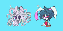 Size: 1255x616 | Tagged: safe, artist:cutesykill, part of a set, oc, oc only, oc:lupus, oc:sugarspill, alicorn, monster pony, pony, rabbit, seraph, anthro, alicorn oc, animal, band-aid, band-aid on nose, bandage, bandaged, bandaged leg, bandaged wing, beanbrows, big ears, big eyes, bio in description, black tail, blue background, blue hair, blue sclera, burger, cheek fluff, cheeseburger, chibi, clothes, coat markings, colored eyebrows, colored eyelashes, colored pinnae, colored sclera, colored tail, cyan background, duo, duo female, ear fluff, ear piercing, earring, eyebrows, eyelashes, facial markings, female, female oc, flowing mane, flowing tail, folded wings, food, four wings, french fries, frown, furry, gradient hair, hamburger, horn, jewelry, leg fluff, leg markings, long description, long ears, long mane, long tail, mare, mare oc, mcdonald's, multiple wings, no catchlights, non-mlp oc, non-pony oc, numbers, peytral, piercing, popcorn, purple eyelashes, purple eyes, purple mane, purple sclera, purple tail, red eyes, shirt, simple background, sitting, spiky tail, standing, striped horn, striped wings, swirls, swirly markings, t-shirt, tail, thick eyelashes, three toned horn, three toned mane, three toned tail, turned head, two toned tail, unicorn horn, unusual pupils, white fur, wing markings, wing stripes, wings