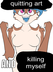 Size: 1801x2446 | Tagged: safe, artist:itskaarts, artist:pukifurs, oc, oc only, oc:lissy fluffball, pegasus, anthro, g4, breasts, cheek fluff, chest fluff, cute, ear fluff, featureless breasts, female, fluffy, happy, implied suicide, looking up, mare, meme, open mouth, redraw, shoulder fluff, simple background, smiling, solo, suicide joke