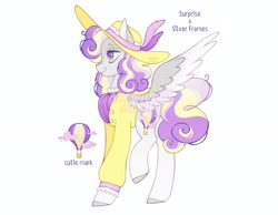 Size: 2048x1592 | Tagged: safe, artist:anemonaii, oc, oc only, pegasus, pony, g3, g4, adoptable, adoptable open, blaze (coat marking), blouse, cardigan, coat markings, colored ears, colored hooves, colored lineart, colored pinnae, colored pupils, colored wings, curly mane, curly tail, eyelashes, facial markings, feathered wings, female, female oc, fusion, fusion:silver frames, fusion:surprise, gradient legs, gray coat, gray hooves, gray wings, hat, hooves, mare oc, obtrusive watermark, pegasus oc, purple eyes, purple pupils, purple text, raised leg, signature, silver coat, simple background, smiling, socks (coat markings), solo, spread wings, standing, standing on three hooves, sun hat, tail, two toned eyes, two toned mane, two toned tail, two toned wings, wall of tags, watermark, white background, wings