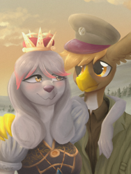 Size: 1668x2224 | Tagged: safe, artist:cupute, oc, oc:grimes brandt, oc:princess molly, diamond dog, griffon, equestria at war mod, blushing, cap, clothes, crown, diamond dog oc, dress, griffon oc, hat, jewelry, military cap, necklace, outdoors, peaked cap, regalia, royalty, sky, smiling, uniform hat, yellow eyes