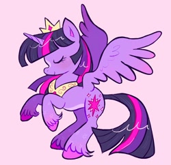 Size: 2048x1984 | Tagged: safe, artist:alexbeeza, twilight sparkle, alicorn, pony, g4, alternate design, bangs, blaze (coat marking), blushing, coat markings, colored belly, colored hooves, colored pinnae, colored wings, colored wingtips, concave belly, crown, cute, eyelashes, eyes closed, facial markings, feathered wings, female, fetlock tuft, gradient legs, gradient wingtips, hooves, horn, jewelry, leg markings, long mane, long tail, mare, pale belly, pink background, pink hooves, pink wingtips, profile, purple coat, rearing, regalia, simple background, solo, spread wings, star mark, stars, straight mane, straight tail, tail, three toned mane, three toned tail, twiabetes, twilight sparkle (alicorn), unicorn horn, unshorn fetlocks, wings