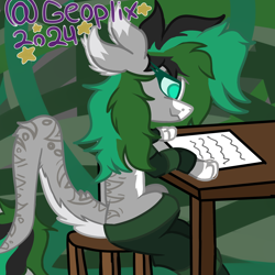 Size: 2000x2000 | Tagged: safe, artist:geoplix, oc, oc only, oc:geoplix, draconequus, big mane, chair, clothes, four ears, long tail, paper, paws, reading, sitting, socks, solo, striped socks, table, tail, thigh highs