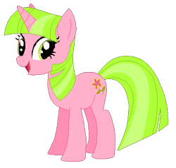 Size: 410x391 | Tagged: safe, artist:selenaede, artist:user15432, pick-a-lily, pony, unicorn, g4, base used, generation leap, green eyes, green mane, green tail, horn, looking at you, not twilight sparkle, open mouth, open smile, pink coat, recolor, simple background, smiling, solo, tail, transparent background