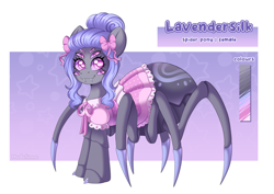 Size: 2800x1980 | Tagged: safe, artist:madelinne, oc, oc only, oc:lavendersilk, monster pony, original species, pony, spiderpony, bow, clothes, dress, female, looking at you, mare, multiple eyes, passepartout, solo