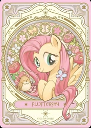 Size: 1284x1799 | Tagged: safe, fluttershy, bird, butterfly, pony, g4, official, bow, card, critters, flower, kayou, looking down, merchandise, plant, smiling, solo, stained glass, text