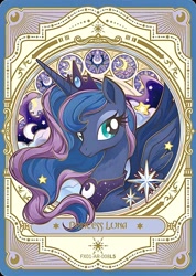 Size: 1283x1802 | Tagged: safe, princess luna, alicorn, pony, g4, official, card, cloud, crown, cutie mark, flowing mane, jewelry, kayou, long hair, looking at you, merchandise, moon, necklace, regalia, slender, smiling, solo, spread wings, stained glass, stars, text, thin, wings