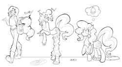 Size: 1432x791 | Tagged: safe, artist:drzootsuit, pinkie pie, earth pony, human, pony, g4, :p, clothes, cupcake, female, food, human to pony, lineart, monochrome, pants, thought bubble, tongue out, transformation, transformation sequence