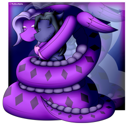 Size: 1711x1684 | Tagged: safe, artist:thebenalpha, oc, oc only, oc:ashaka, oc:blazing paw, lamia, original species, pegasus, pony, coiling, coils, duo, eyes closed, folded wings, hug, plushie, wings