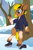 Size: 850x1275 | Tagged: safe, artist:anonymous, deer, human, g4, /ptfg/, bell, bell earring, bipedal, clothes, cloven hooves, deltarune, ear piercing, earring, female, freckles, glasses, hoodie, human to deer, jewelry, looking at hoof, mid-transformation, noelle holiday, open mouth, outdoors, pants, piercing, shirt, shoes, show accurate, snow, solo, transformation, tree