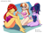 Size: 1590x1186 | Tagged: safe, artist:twilite-sparkleplz, sci-twi, sunset shimmer, twilight sparkle, oc, oc:mandarine mélange, human, equestria girls, g4, bare shoulders, barefoot, beach, beach towel, breasts, cleavage, clothes, drink, feet, female, one-piece swimsuit, outdoors, sci-twi swimsuit, sleeveless, swimsuit, trio, trio female