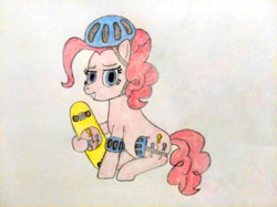 Size: 4032x3016 | Tagged: safe, artist:jakusi, pinkie pie, earth pony, pony, g4, /pnk/, elbow pads, female, grin, helmet, knee pads, mare, pinktober, sitting, skateboard, smiling, solo, traditional art