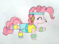 Size: 4032x3016 | Tagged: safe, artist:jakusi, pinkie pie, earth pony, pony, g4, /pnk/, arm band, clothes, dancing, eyes closed, feather, female, headband, leg warmers, mare, pinktober, solo, traditional art, workout, workout outfit