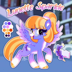 Size: 2000x2000 | Tagged: safe, artist:lovinglypromise, oc, oc only, oc:lunette sparkle, pegasus, pony, bookshelf, female, glasses, mare, reference sheet, solo, wings