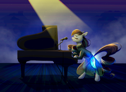 Size: 5500x4000 | Tagged: safe, artist:celes-969, coloratura, earth pony, pony, g4, clothes, commission, commissioner:legionofblues, dexterous hooves, dress, female, glowing cutie mark, mare, musical instrument, performance, piano, rara, see-through, see-through skirt, singing, skirt, solo, spotlight, stage