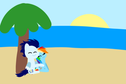 Size: 1935x1285 | Tagged: safe, anonymous artist, derpibooru exclusive, rainbow dash, soarin', pegasus, pony, series:soarindash honeymoon, series:soarindash romantic tales, g4, beach, female, male, mare, palm tree, pointy ponies, ship:soarindash, shipping, sitting, smiling, stallion, straight, tree