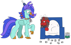 Size: 3138x2010 | Tagged: safe, artist:supahdonarudo, oc, oc only, oc:ironyoshi, oc:sea lilly, classical hippogriff, hippogriff, unicorn, alcohol, blanket, bottle, camera, chair, cup, hangover, hat, horn, jewelry, looking at each other, looking at someone, necklace, new year, noisemaker, party hat, simple background, transparent background, wine, wine bottle