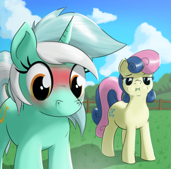 Size: 2520x2480 | Tagged: safe, artist:eels, bon bon, lyra heartstrings, sweetie drops, earth pony, pony, unicorn, g4, blushing, eating, horn