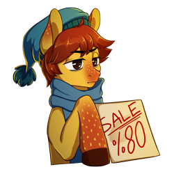 Size: 2000x2000 | Tagged: safe, artist:erein, oc, oc only, oc:gloom maple, earth pony, pony, brown eyes, clothes, coat markings, ears, ears up, earth pony oc, freckles, hat, male, red mane, scarf, stallion, winter outfit, yellow coat