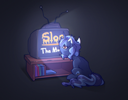 Size: 4160x3240 | Tagged: safe, artist:witchtaunter, oc, oc:witching hour, pony, unicorn, faic, horn, male, rear view, simple background, sitting, stallion, television