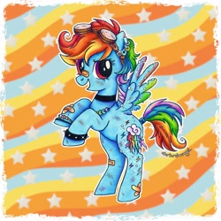 Size: 1460x1460 | Tagged: safe, artist:dariarchangel, rainbow dash, pegasus, pony, g4, 3d cutie mark, :d, alternate cutie mark, alternate design, alternate hairstyle, band-aid, band-aid on nose, bandage, bandaged wing, bipedal, blue coat, bracelet, choker, chokerdash, cute, dashabetes, ear piercing, earring, female, goggles, goggles on head, jewelry, mare, multicolored hair, multicolored mane, multicolored tail, necklace, open mouth, open smile, passepartout, piercing, rainbow hair, rainbow tail, raised hoof, redesign, rose eyes, scuff mark, short hair, short hair rainbow dash, short mane, short tail, smiling, solo, spiked wristband, spread wings, standing, stars, tail, torn ear, torn wings, traditional art, wings, wristband