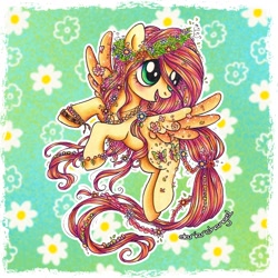 Size: 1462x1462 | Tagged: safe, artist:dariarchangel, fluttershy, butterfly, pony, g4, :d, alternate cutie mark, alternate design, alternate hairstyle, beautiful, big eyes, blushing, bracelet, braid, braided tail, cute, female, floral head wreath, flower, flower in hair, flying, green eyes, jewelry, leaves, long hair, long mane, long tail, looking up, mare, necklace, open mouth, open smile, passepartout, peace symbol, pink hair, pink mane, pink tail, pretty, raised hoof, redesign, shyabetes, smiling, solo, spread wings, tail, tail tie, tied tail, traditional art, wings, yellow coat