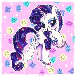 Size: 1394x1387 | Tagged: safe, artist:dariarchangel, part of a set, rarity, crystal pony, pony, unicorn, g4, 3d cutie mark, :d, alternate cutie mark, alternate design, beautiful, bedazzled, bejeweled, big eyelashes, blue eyes, blue eyeshadow, bracelet, crystal heart, crystal horn, crystal rarity, crystallized, cute, ear piercing, earring, eyeshadow, female, forehead gem, gem, gemstones, graceful, hoof on chin, horn, jewelry, looking down, makeup, mare, necklace, open mouth, open smile, passepartout, patterned background, pearl, pearl bracelet, pearl necklace, piercing, pretty, purple hair, purple mane, purple tail, raised hoof, raribetes, redesign, smiling, solo, sparkles, standing, standing on two hooves, tail, unicorn horn, white coat