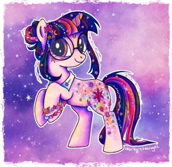 Size: 1074x1046 | Tagged: safe, artist:dariarchangel, part of a set, twilight sparkle, pony, unicorn, g4, 3d cutie mark, alternate cutie mark, alternate design, alternate hairstyle, bags under eyes, bangs, beads, bedazzled, bracelet, collar, crescent moon, cute, cutie mark on legs, female, glasses, hair bun, horn, jewelry, long tail, mare, moon, multicolored hair, multicolored mane, multicolored tail, passepartout, planet, purple coat, purple eyes, purple smart, raised hoof, rearing, redesign, smiling, solo, space, sparkles, standing on two hooves, stars, tail, three toned hair, three toned mane, three toned tail, traditional art, twiabetes, unicorn horn, unicorn twilight