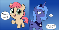 Size: 2319x1196 | Tagged: safe, artist:heretichesh, princess luna, oc, alicorn, earth pony, pony, g4, ..., 2 panel comic, comic, crown, dialogue, duo, female, filfil, filly, foal, gradient background, jewelry, mare, open mouth, open smile, peytral, pointing, regalia, s1 luna, signature, smiling, smol, speech bubble