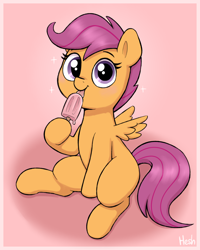 Size: 1466x1834 | Tagged: safe, artist:heretichesh, scootaloo, pegasus, pony, g4, cute, cutealoo, eating, female, filly, foal, food, hoof hold, licking, looking at you, magnetic hooves, popsicle, signature, sitting, smiling, smiling at you, solo, spread wings, tongue out, wings