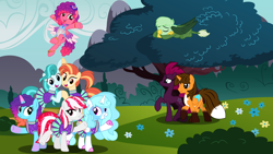 Size: 1600x900 | Tagged: safe, artist:ejlightning007arts, artist:punkieprimeape1, lighthoof, misty brightdawn, ruby jubilee, shimmy shake, sugar moonlight, tempest shadow, oc, oc:ej, oc:gregory griffin, oc:jemima sparkle, alicorn, earth pony, griffon, pegasus, pony, unicorn, g4, g5, alicorn oc, base used, cheerleader, female, g5 to g4, generation leap, griffon oc, horn, male, outdoors, wings