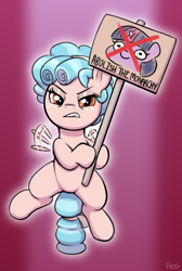 Size: 1612x2400 | Tagged: safe, artist:heretichesh, cozy glow, twilight sparkle, pegasus, pony, g4, female, filly, flying, foal, frown, gritted teeth, hoof hold, looking at you, protest sign, sign, solo, teeth, twiggie