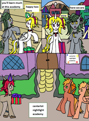 Size: 1233x1675 | Tagged: safe, artist:ask-luciavampire, oc, oc:aiden dusky, oc:drive, oc:ellen mina, oc:iris nala, oc:terra, alicorn, bat pony, earth pony, pegasus, pony, unicorn, academy, comic, comic page, horn, tumblr, tumblr:ask-myth-melody-ponys, wings