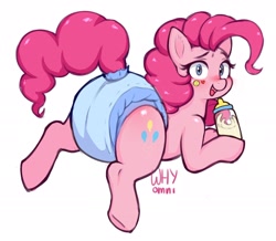 Size: 2412x2100 | Tagged: safe, artist:whyomnichan, pinkie pie, earth pony, pony, g4, blushing, bottle, butt blush, clean diaper, diaper, diaper fetish, female, fetish, looking at you, mare, non-baby in diaper, simple background, solo, sticker, white background