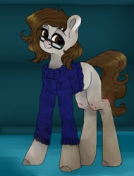 Size: 1053x1384 | Tagged: oc name needed, safe, oc, oc only, earth pony, pony, clothes, earth pony oc, female, female oc, glasses, looking at you, mare, mare oc, old art, ponysona, smiling, solo, standing, sweater, unshorn fetlocks